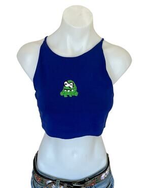 Superdown Crop Top Blue SMALL Upcycled Embroidered Om Nom Bodycon Unique Cami